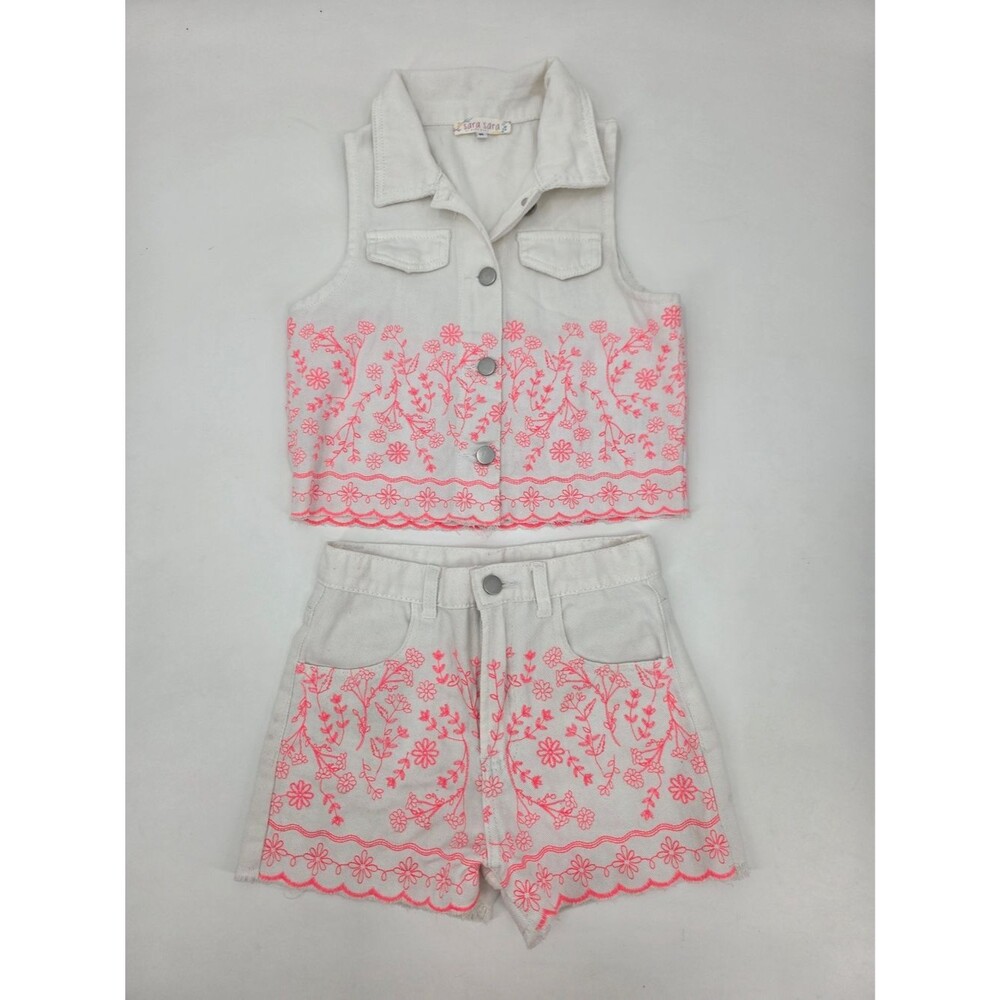Sara Sara White Matching Short/Vest Set With Orange Embroidery Size 10